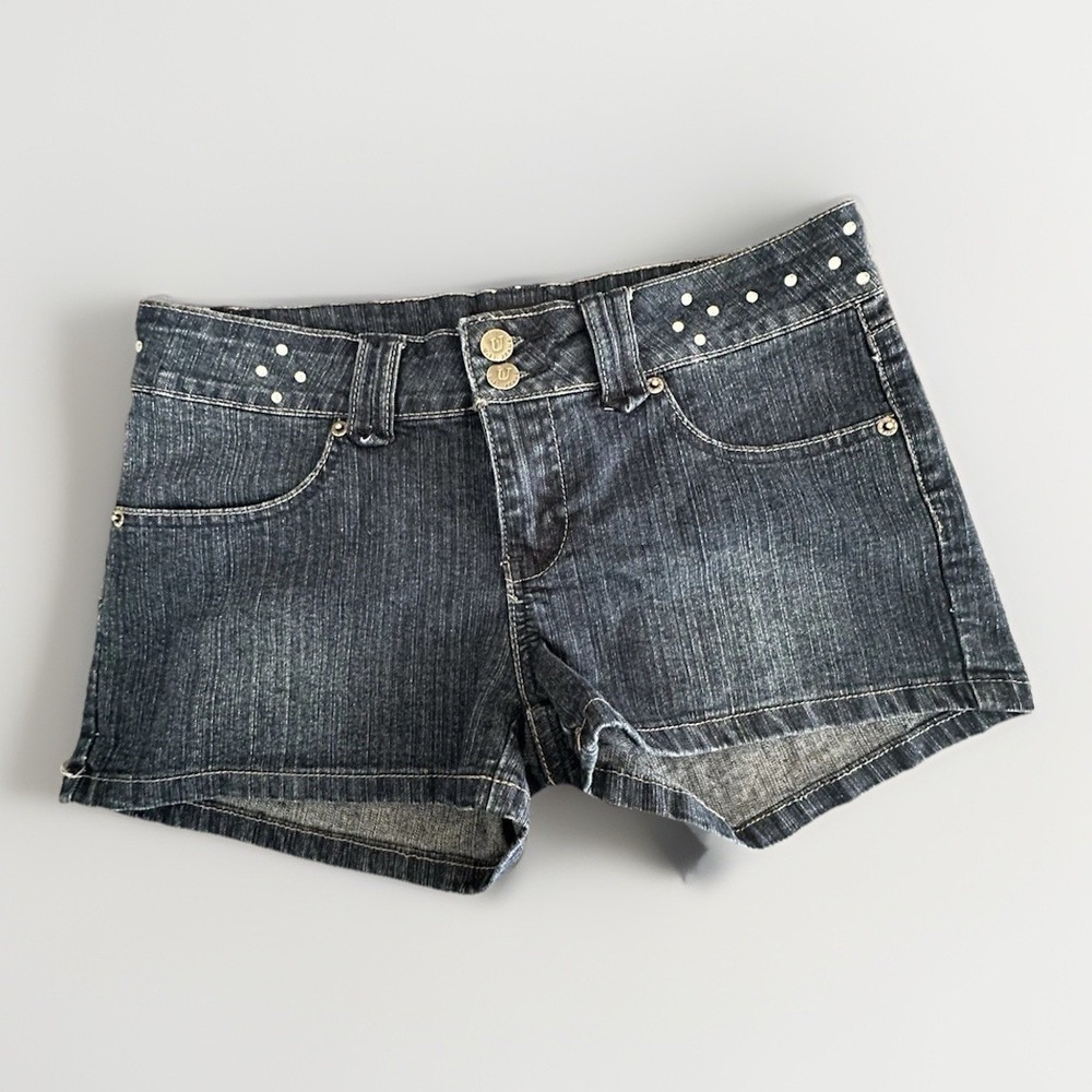 Y2K Studded Denim Booty Shorts Micro Mini‎ Women's 7/8 Blue Low Rise Beachwear